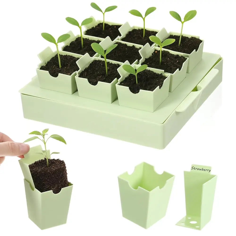 Seedling Starter Trays, Seed Starting Kit Thickened Seedling Tray with Double Side Handles, 9 Cells 2.56 Inch Deep, Reusable