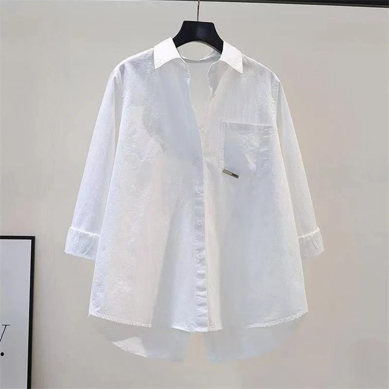 Women\'s Simple Casual Asymmetrical Oversized Cotton Button Up Tunic Shirts Solid Long Sleeve Streetwear Top Blouse Blusas Mujer