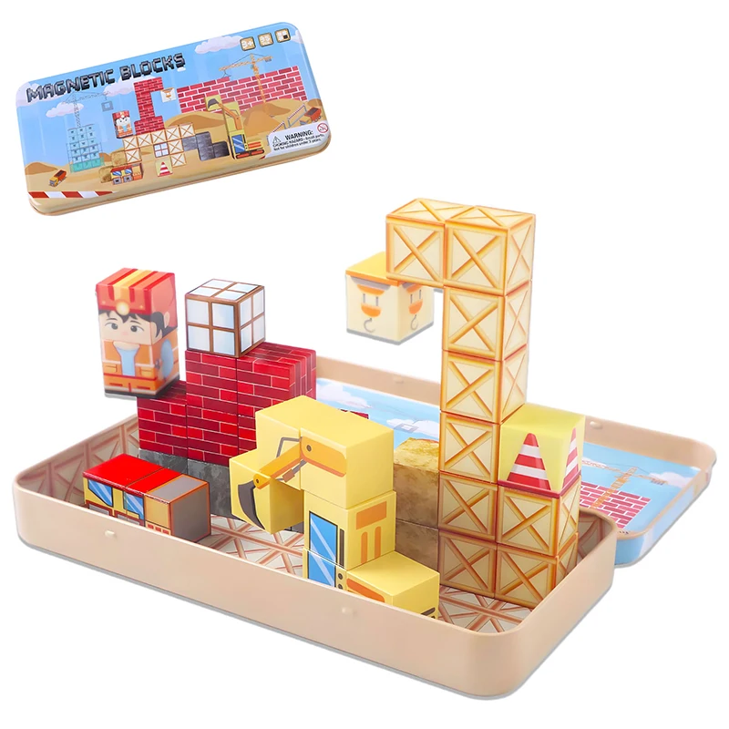 35 STKS Graafmachine Thema Magnetische Bouwsteen Magneet Kubus met Draagbare Ijzeren Doos STEM Zintuiglijke Reizen Speelgoed voor Kinderen Kerstcadeau