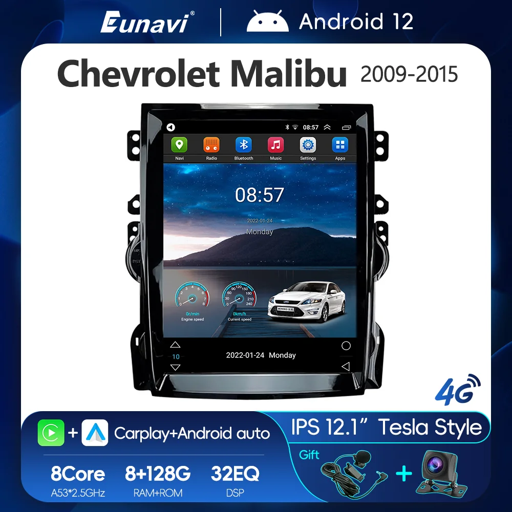 Eunavi 12.1 inch Car Radio Android 12 Tesla Style IPS GPS Multimedia Player For Chevrolet Malibu 2009-2015 DSP 32EQ Carplay