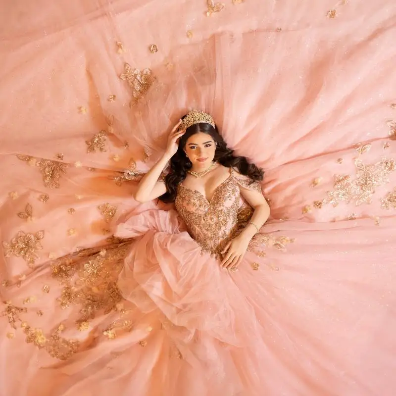 Customized Shiny Pink Off Shoulder Quinceanera Dres Tull sequin applique Lace beads vestidos de 15 Quinceanera ﻿