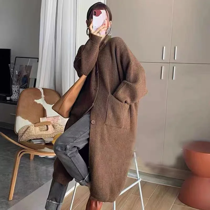2024 New Vintage Thicken Warm Solid Winter Sweater Coat Loose Long Cardigan Women Korean Style Casual Knit Cardigans 