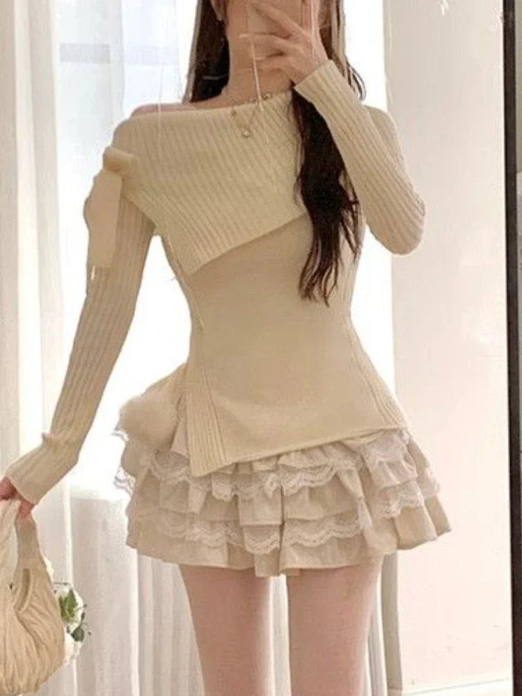 Winter French Vintage Sexy Knitted Pullover Women Off Shoulder Designer Elegant Sweater Female Korean Fashion Casual Tops 2024