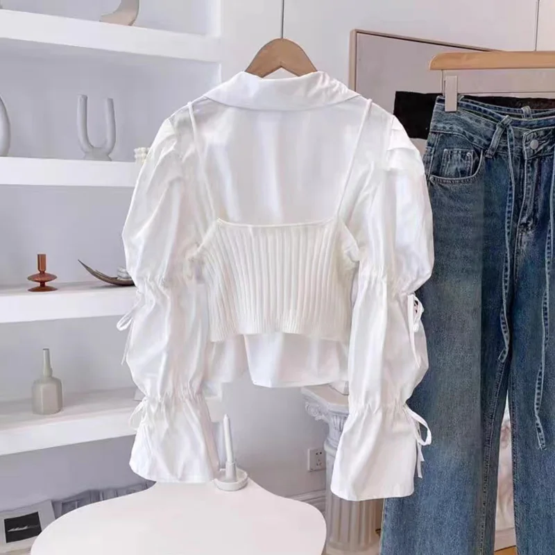 

Korean 2025 Autumn New Strap Top+French Flare Sleeve Shirt Two Piece Set for Women