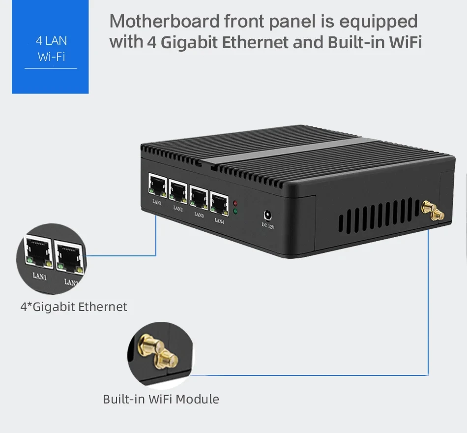 Tolibek industrieller Mini-PC mit j4125/j1900/n2830/n5105 4 * Gigabit-LAN-Unterstützung Windows 10/11 Wifi Fanless Compiter