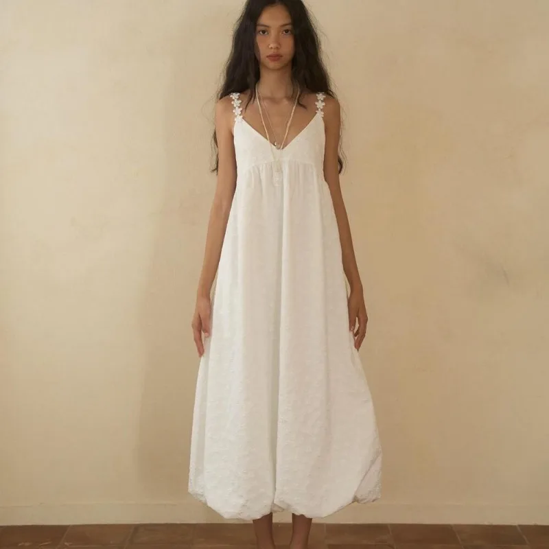 Verão feminino sexy sem costas longo vestido de baile 100 algodão flor estilingue profundo decote em v solto maxi vestido de verão feminino 2025