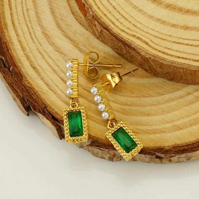 مربع حجر الراين قلادة تقليد اللؤلؤ وأقراط الفولاذ المقاوم للصدأ للنساء مطلي 18K الذهب القرط الأزياء والمجوهرات #3