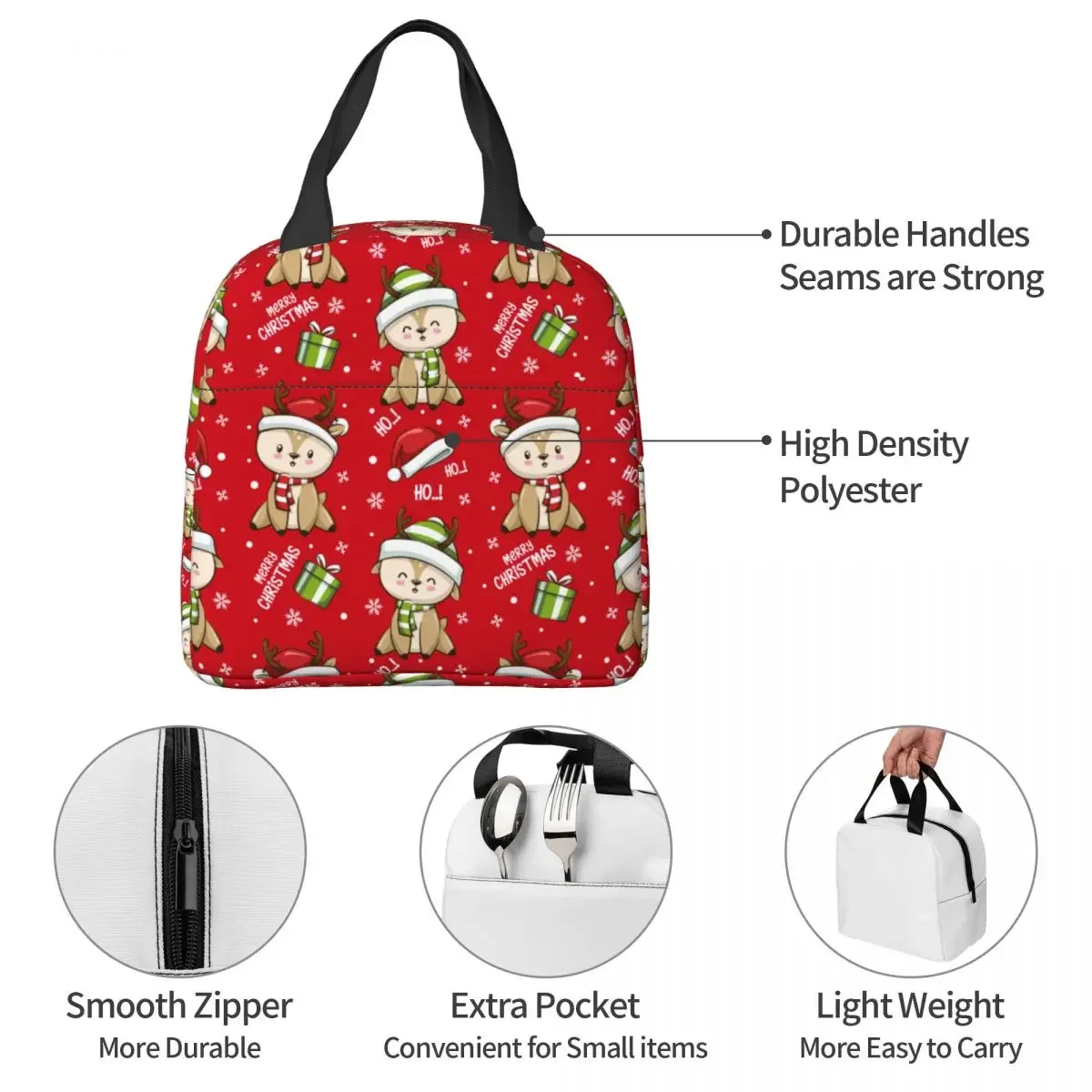 Merry Christmas New Year Insulated Lunch Bag Portable Lunch Container Thermal Bag Tote Lunch Box School Outdoor Men Women