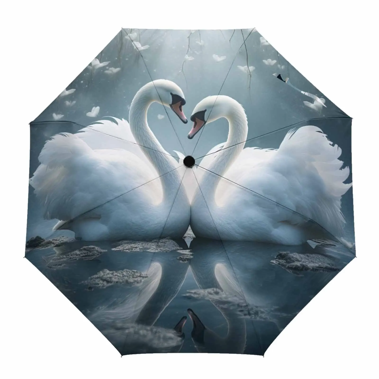 Valentine'S Day Love Swan Illustration Automatic Umbrella for Rain Foldable Parasol Umbrella Eight strand Outdoor Umbrellas