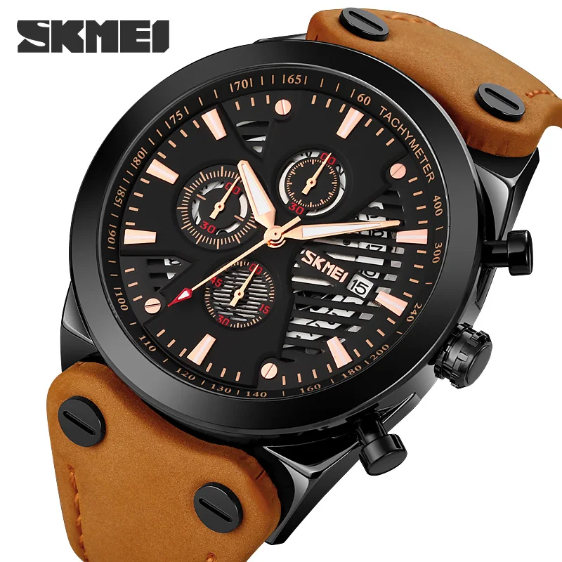 SKMEI Fashion Vintage Quartz Watch Luxury Leather Strap Men\'s Watches Top Brand Business Wristwatch Stopwatch Calendar Clock