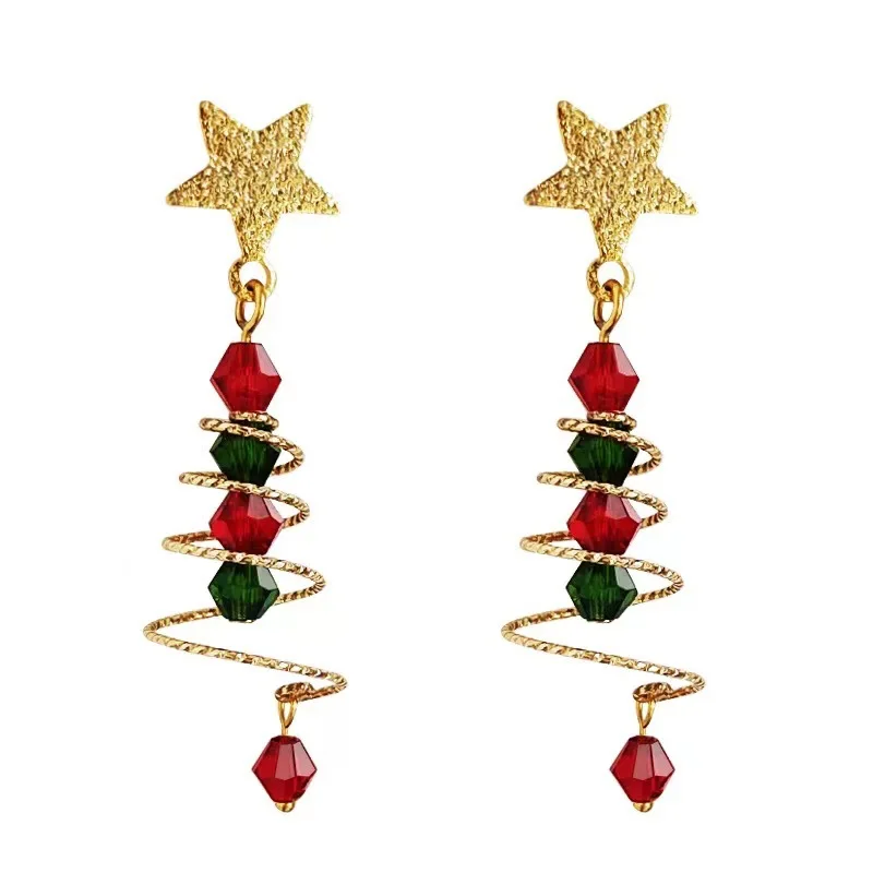 Party-Themed Accessories - Christmas Tree Spiral Earrings for Women Cheeky Christmas Tree Ear Drops Earrings Red & Green Beaded