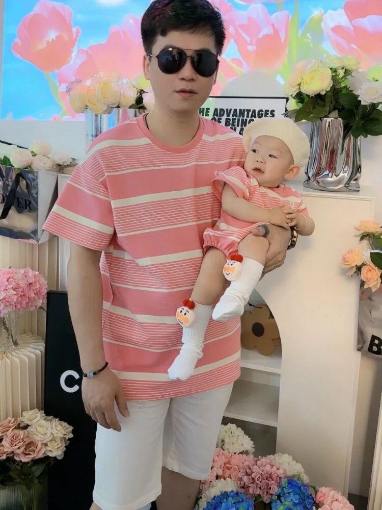 Summer Stripe Embroidered Family Matching Clothes Short Sleeve Korean Style Mommy Daughter T-Shirt Children's Cotton Dresses