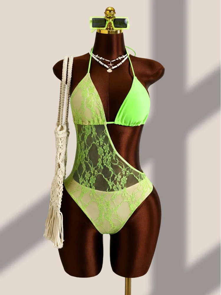 2026 New Women's Lace Sheer One-piece Swimsuit Female Summer Sexy Tie-up Beach Bikini Swimwear