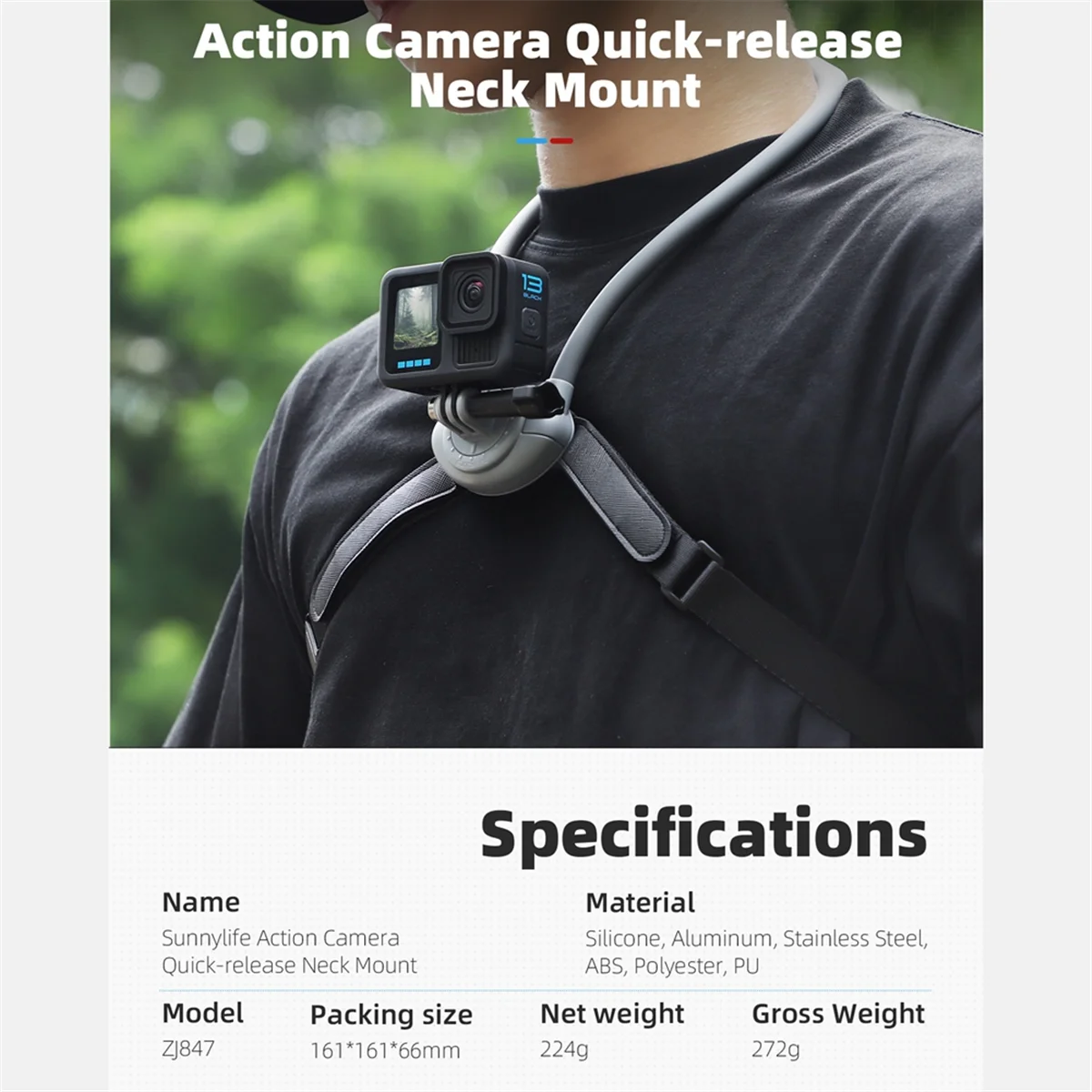 حامل رقبة كاميرا SUNNYLIFE فعال لـ DJI Action5 Pro/GoPro13/Insta360 POV