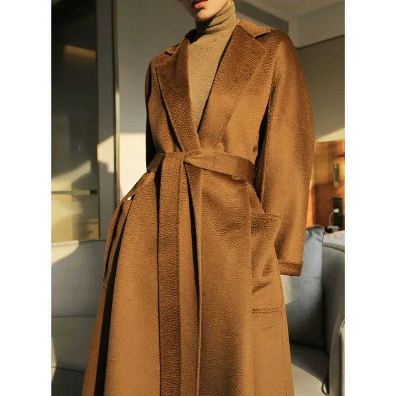 Korean Reversible Cashmere Coat Women Long Below The Knee High-End Water Ripple Wool Coat Autumn Winter Loose Lace-up Outwear