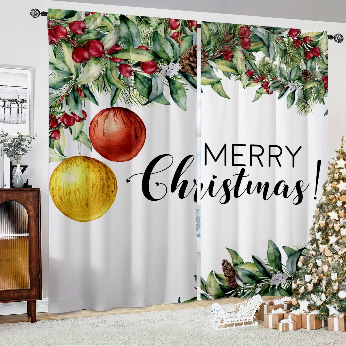 Watercolor Christmas Leaf Print Curtains, 100% Polyester, Modern Minimalist Light-Filtering Curtains for Holiday Party Decor