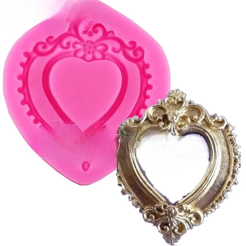 Hot Vintage Love Heart Shape Mirror Frame 3D Silicone Mold Fondant Chocolate Molds Cake Decorating Tools