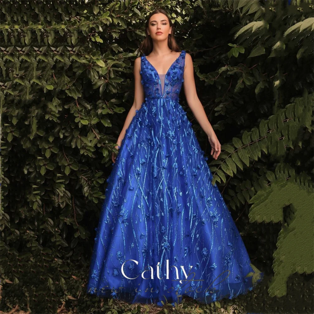 Cathy Flower Lace Embroidery A-line Tulle Prom Dress 2024 Elegant Sleeveless vestido de gala V-neck and Back فساتين السهرة