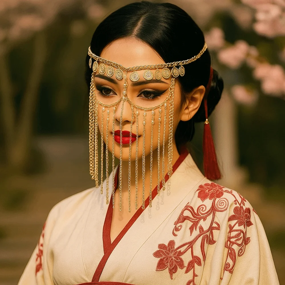 ผ้าคลุมหน้าเต้นระบำหน้าท้องแบบสร้อยคอประดับเหรียญทอง สไตล์ชาติพันธุ์ พร้อมพู่ห้อยยาว สำหรับงานแฟนซี หน้ากากสำหรับผู้หญิง