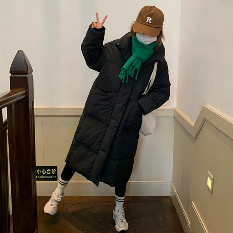 2023 New Long Parka Women Puffer Jacket Long Sleeve Down Cotton Padded Cotton Jacket Large Pockets Thicken Warm Korean Outerwear