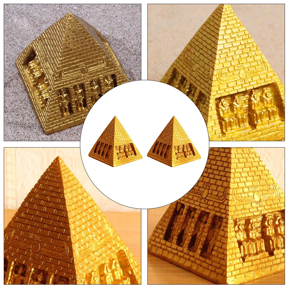 

2pcs Pyramid Resin Ornaments Set Golden Desktop Decoration For Home Office Party Resin Handicraft Family Decor