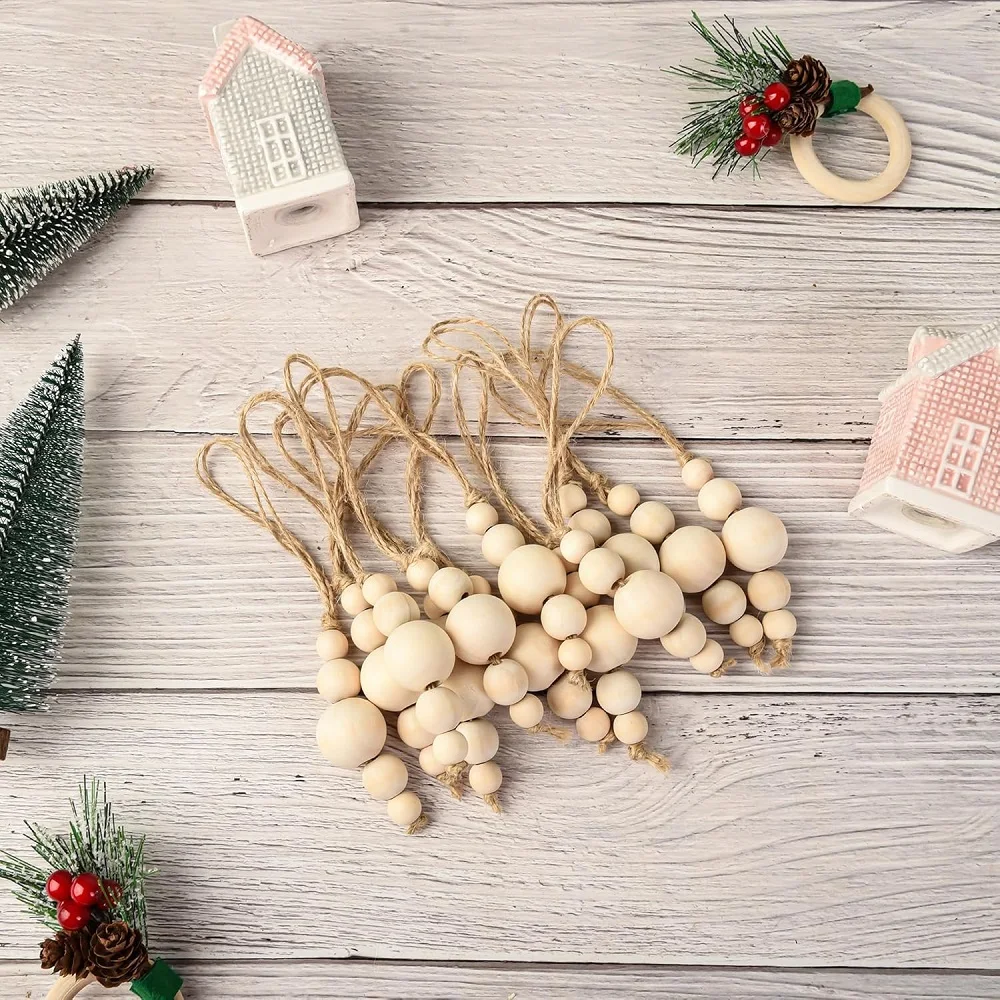 5 Stück Weihnachtsbaumschmuck, Holzperlen, hängende Dekorationen, Bauernhaus, natürliche Perlengirlande, rustikal, klein, Holz, Boho