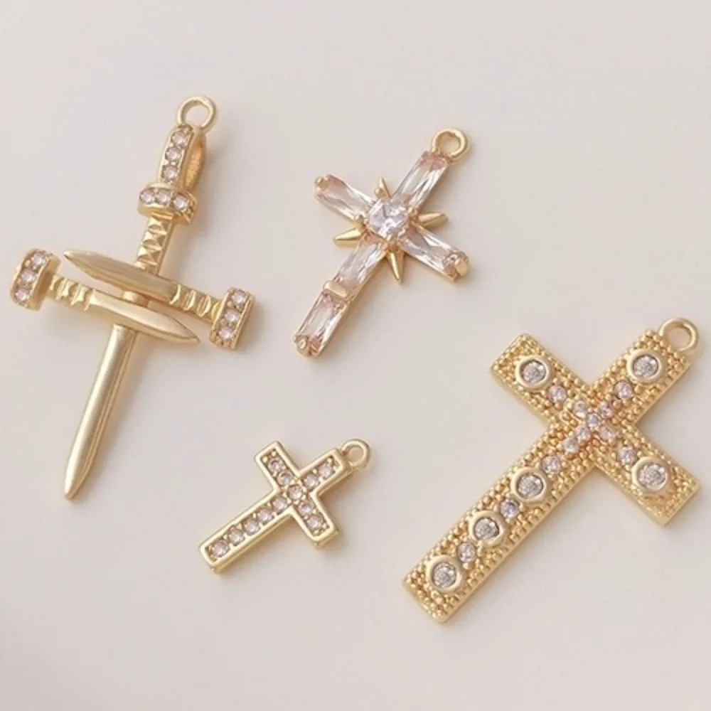 

1Pcs Copper Charms 14K Gold Color Inlaid Zircon Cross Pendant Handmade DIY Bracelet Necklace Ear Buckle Pendant Accessories