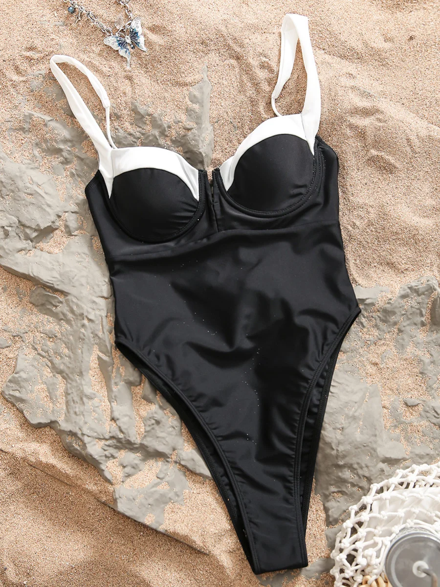 

S - XL Splicing Underwired V-Bar One Piece Swimsuit Women Swimwear Female Monokini High Leg Cut Bathing Suit Swim Beach Bodysuit