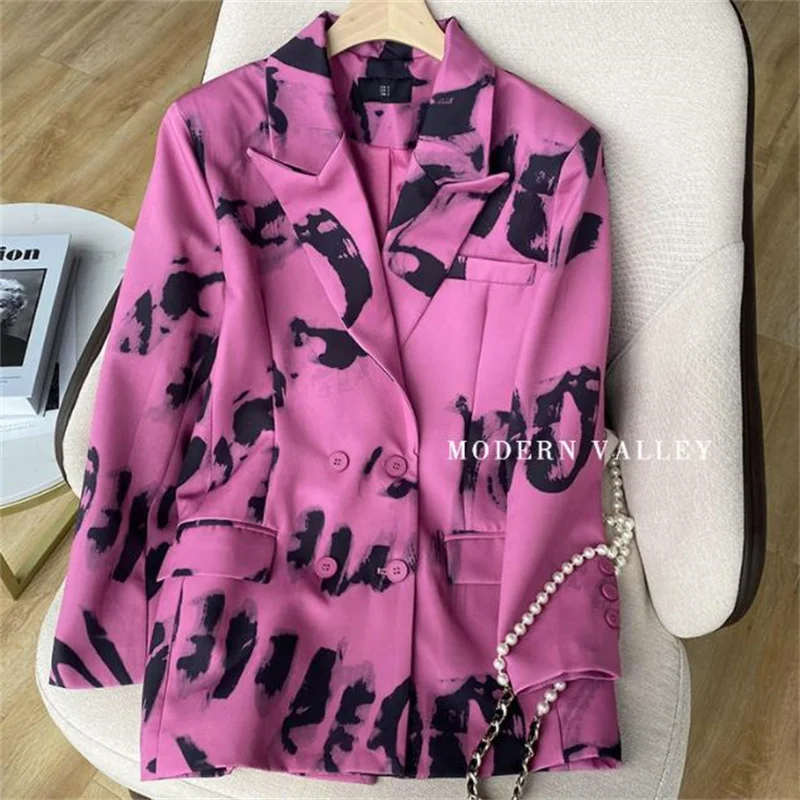 

Suit rose red white letter print suit design loose casual blazer