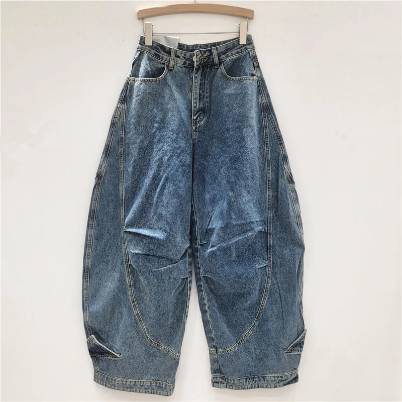 2025 New Women's Cargo Denim Pants - High-Waisted, Slimming Fit, Loose Curved Wide-Leg Design