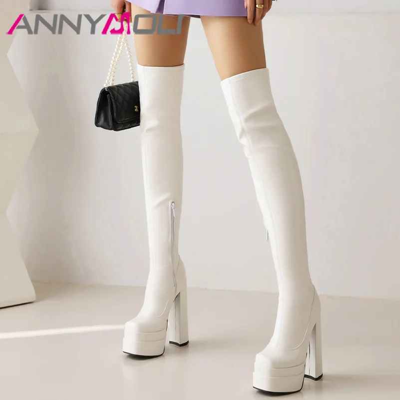 

ANNYMOLI Women Pu Leather Strech Boots Thigh High Boots Platform Hoof Heels Sqaure Toe Zipper Sexy Winter Autumn Shoes White