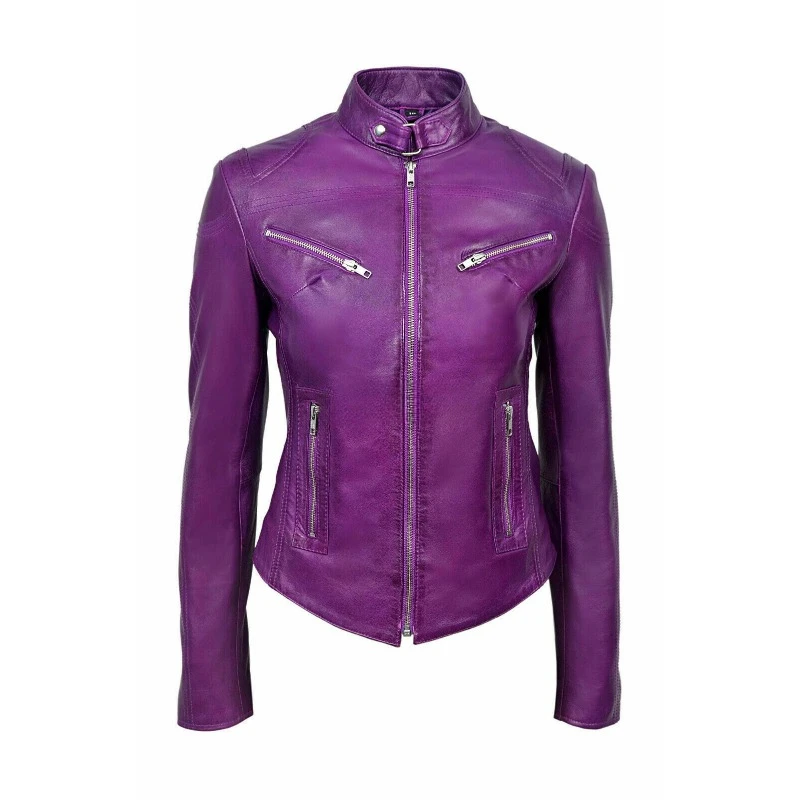 NEW Model Women Purple Authentic Lambskin Pure Leather Jacket Casual Wear Zipper