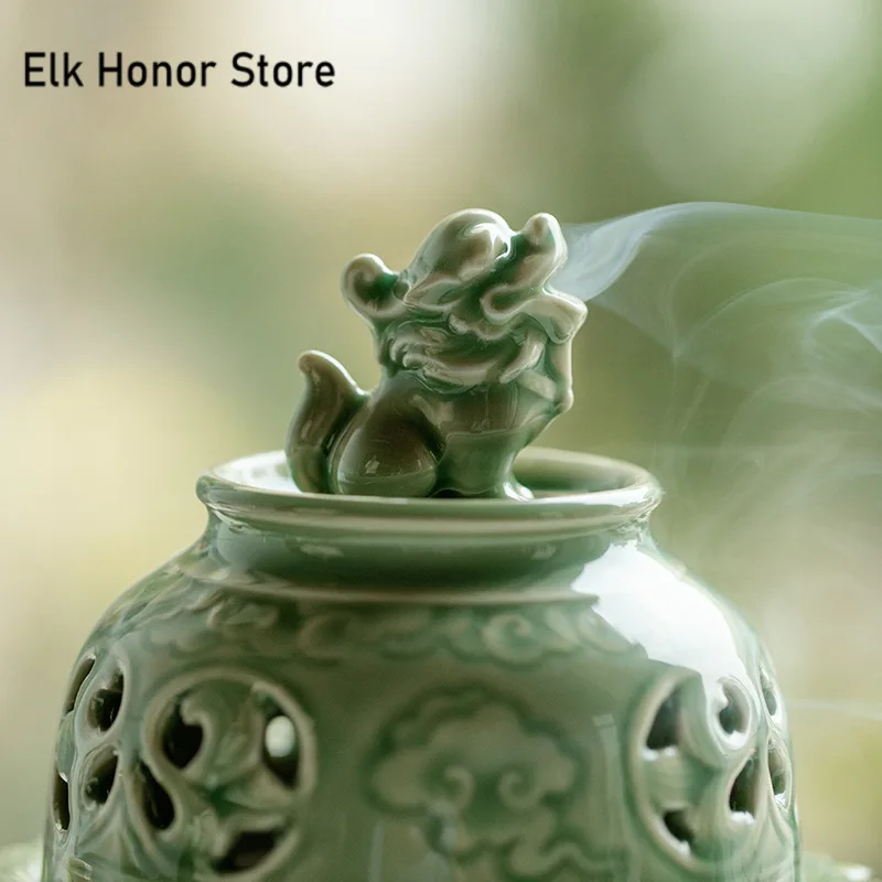 Zen Yue Kiln Celadon Incense Burner Chinese Lion Awakening Aromatherapy Furnace Indoor Sandalwood Tea Ceremony Office Decoration