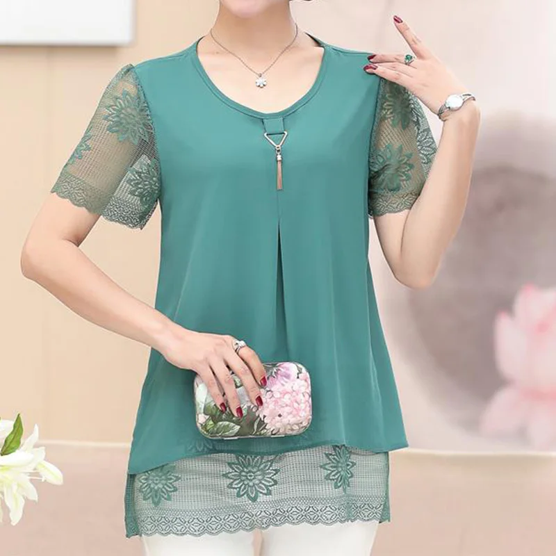 Summer New Mom\'s Loose Fit Chiffon Lace Lace Short Sleeves T-Shirt Simplicity Round Neck Solid Chain Mid Length Version Tops