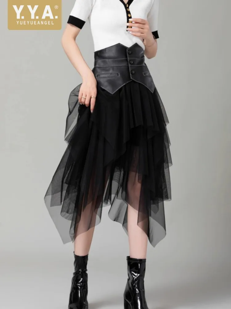 Hot Sale Womens Genuine Leather Patchwork Mesh Skirts High Waist A Line Mid Long Fashion Real Sheepskin Chic Yarn Skirt 2025 New