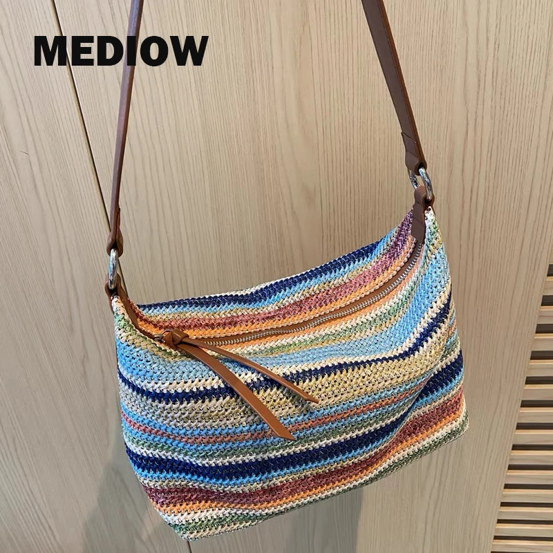 MEDIOW Beach Straw Hobos Bags For Women Luxury Designer Handbag And Purse 2024 New In Papyrus Colorful Stripes Underarm Shoulder