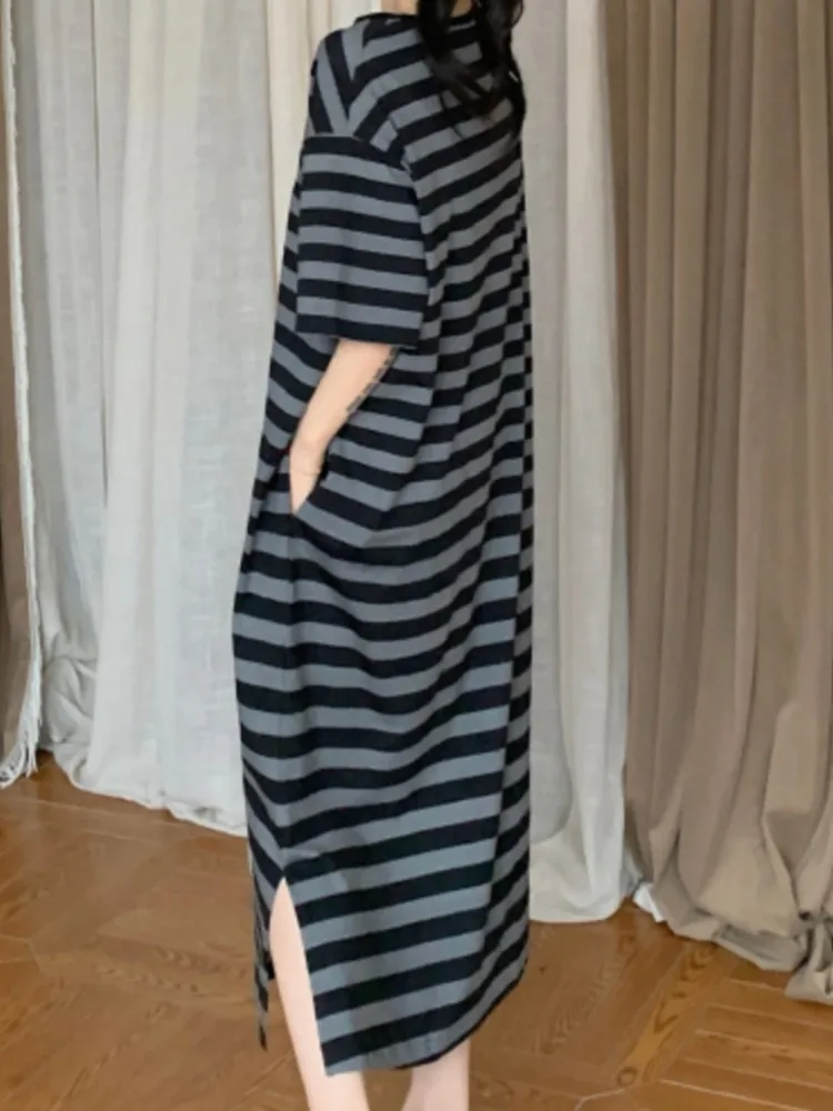 夏のストライプ Tシャツドレス女性韓国怠惰なスタイルルースレディースドレスプラスサイズストライプ半袖女性ドレス Vestidos