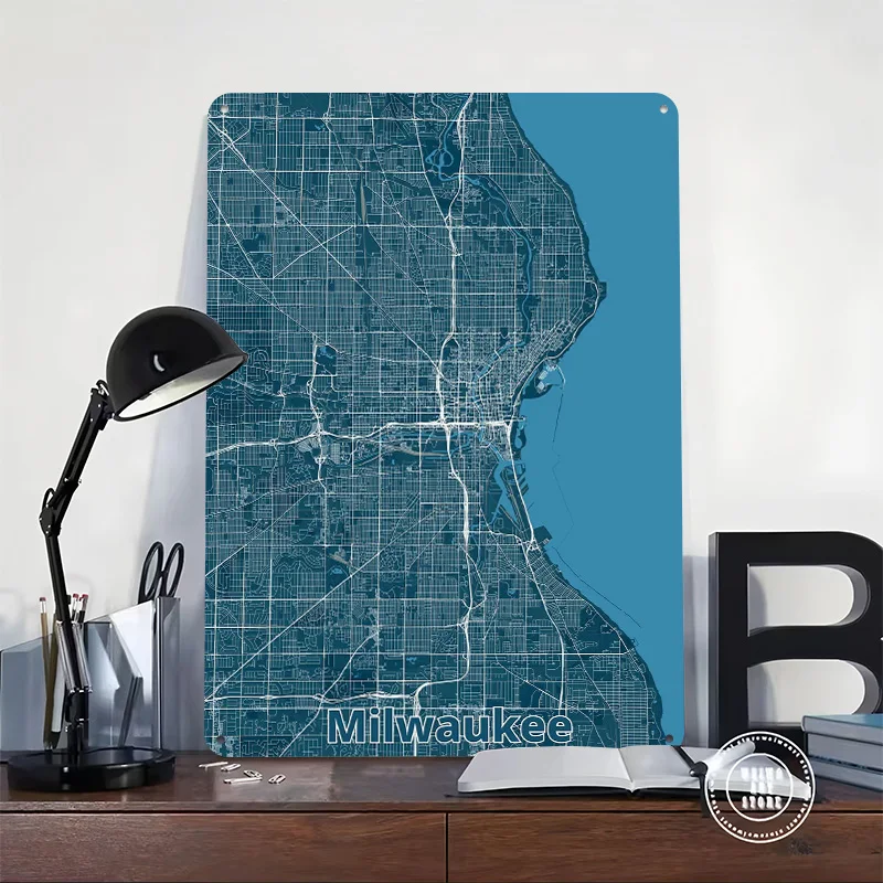 Milwaukee City Map Printed Poster Customized Retro Wall Art Vintage Metal Tin Signs for Home Office Decoration Gaming House Room