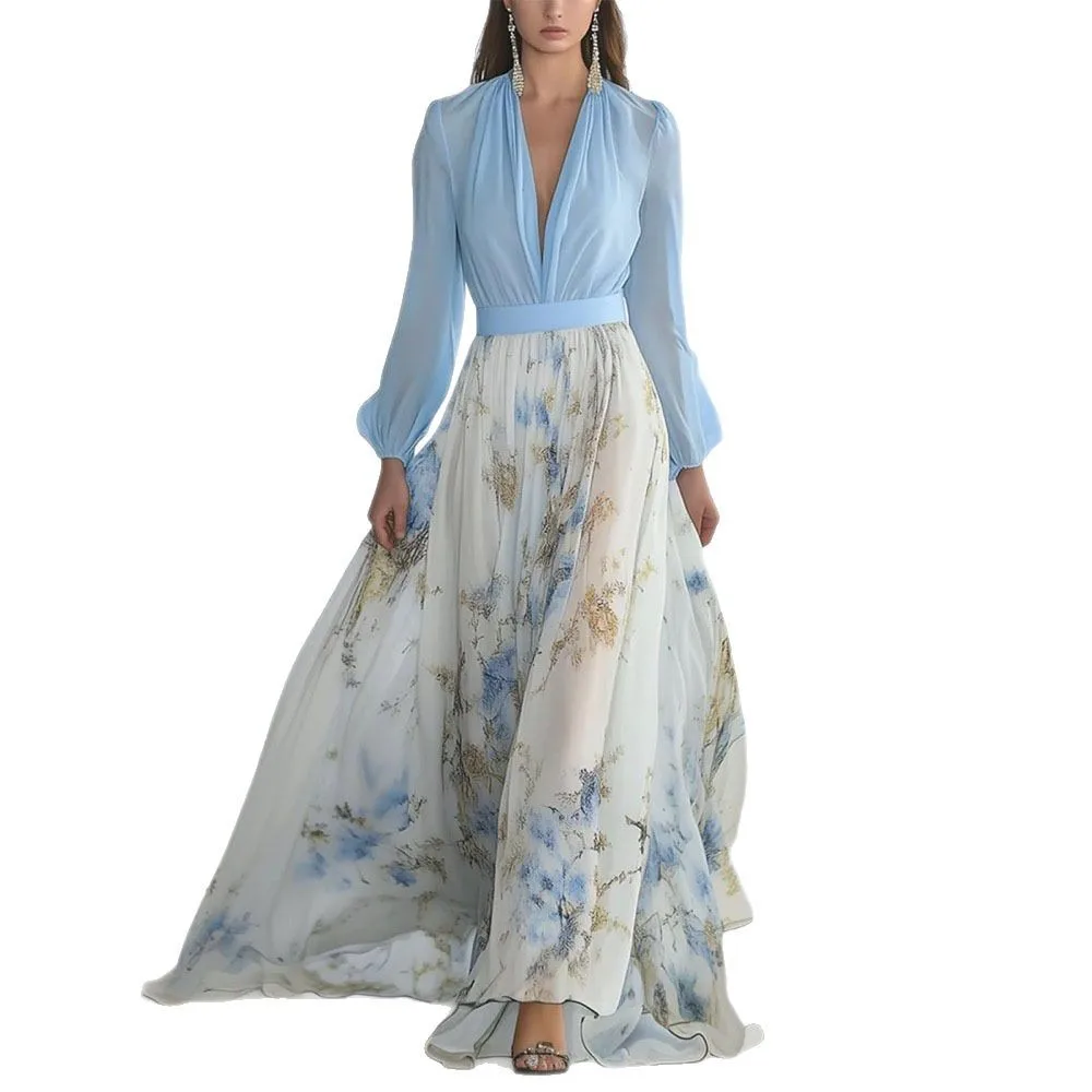 

Boho Blue White Floral Maxi Dress For Women Elegant Deep V Neck Long Sleeve Flower Printed Beach Wedding Party Dress