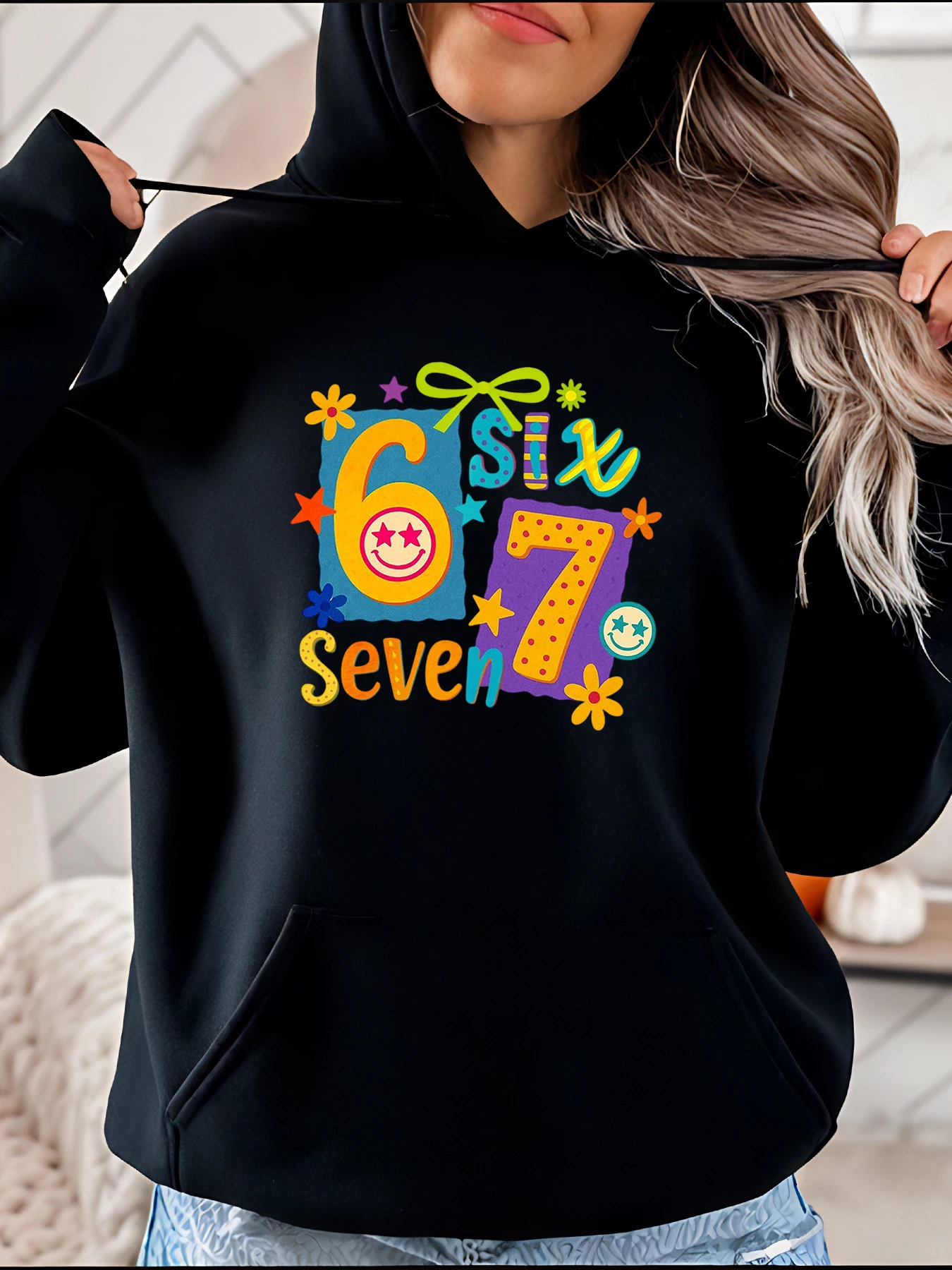 

Women's Black Hoodie with Colorful 67 Six Seven Print Casual Streetwear for Kids and Teens Birthday Party Wear