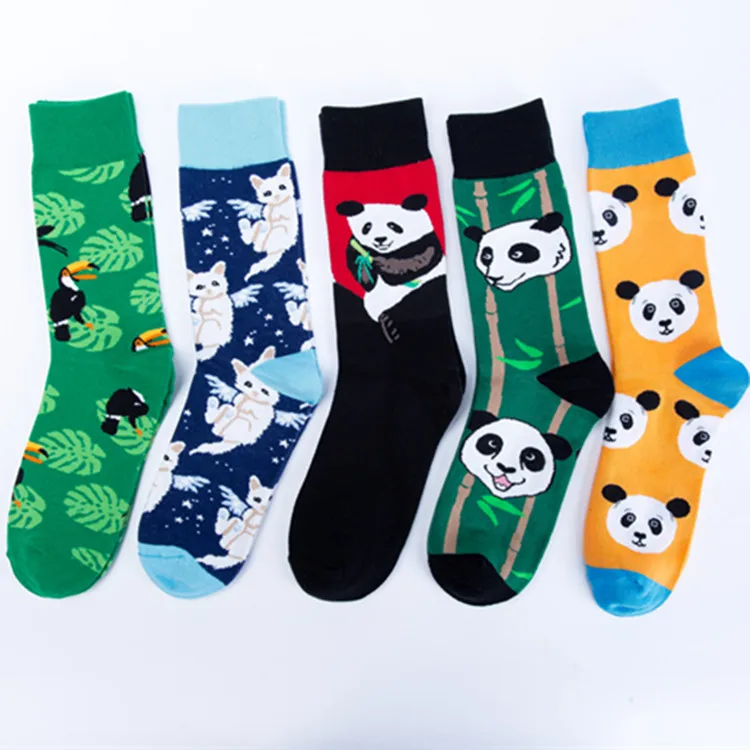 Men Socks Cartoon Kitty Bird Chinese Panda Cute Funny Street Style Colorful Happy Skate Harajuku Hip Hop Male Casual Cotton Sock