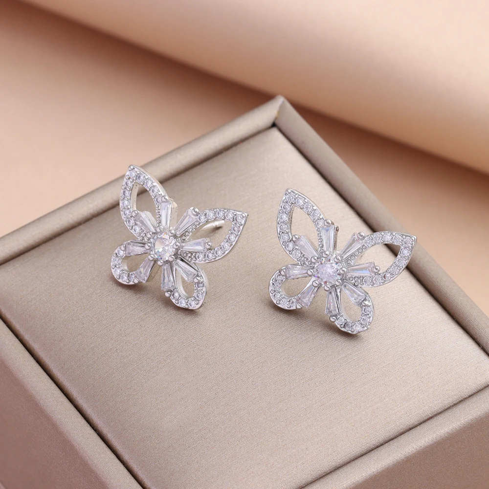 New 18K Gold Plated Sparkly Zircon Butterfly Stud Earrings For Women Female Fashion Stainless Steel Earrings Jewelry Wholesale