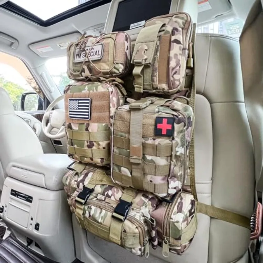 

Tactical Vehicle Seat Back Organizer, Universal Tactical Seat Cover Molle Panel with 5 Detachable Pouches - Medical, Phone, Adm