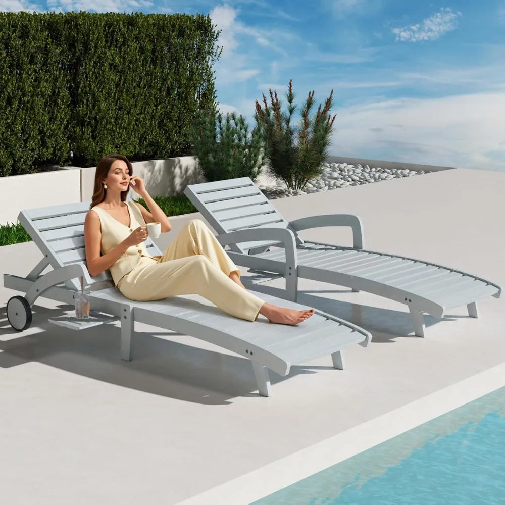 

"Two-Piece Outdoor Chaise Lounge Set with Tray, Wheeled Wood-Grain Patio Chairs for Relaxation"