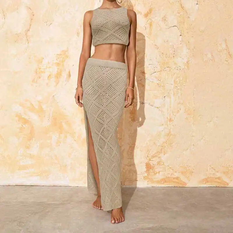 

Sexy Knitted Bikini Cover up Beach Blouse Women's Color Hollow out Swimwear Sun Protection Fashion Set for Young Women