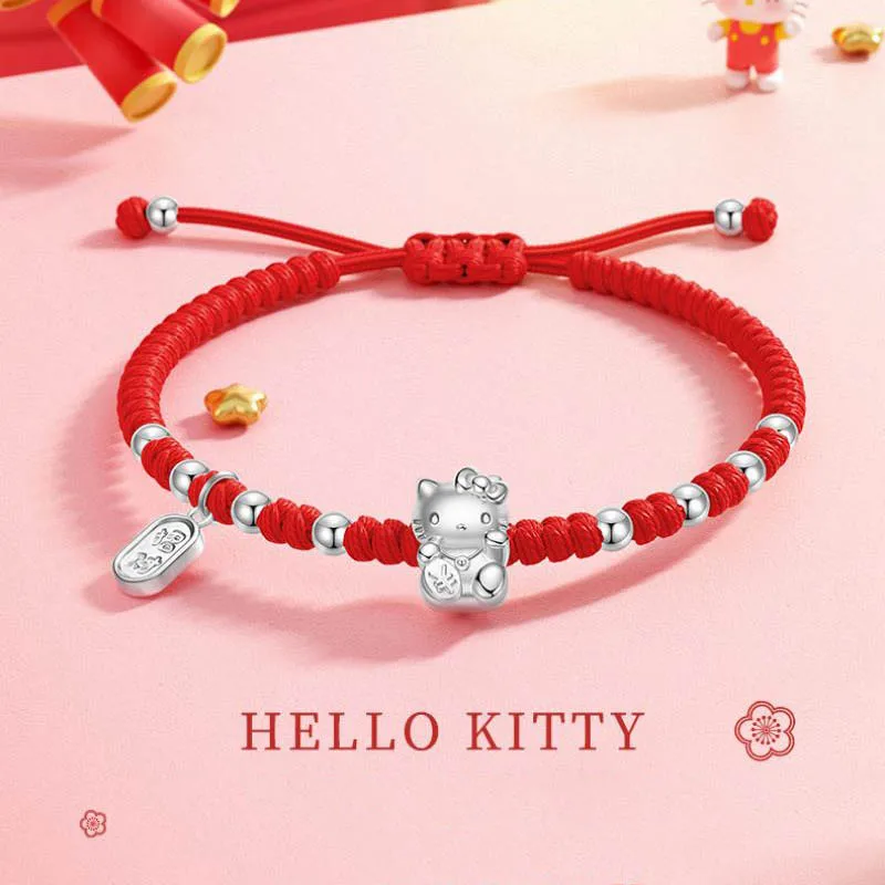 

Sterling Silver Bracelet Kawaii Sanrio Hellokittys Cute Anime Lucky Knitting Red Rope Women Ins Minority Design Sense Gift Girls