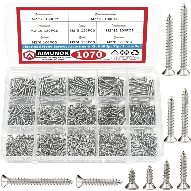 1070pcs Flat Head Self Tapping Screws Stainless Steels Screw Kit  M2 X 4/5/6/8/10/12/16/20  Assorted Screws for Wood Nail Screw