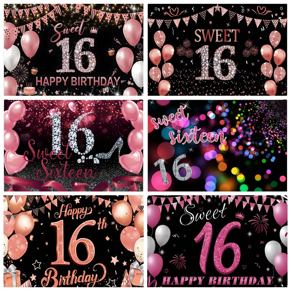 

Sweet Gold 16th Birthday Backdrops Girls Boys Sixteen Years Old Birthday Party Background Decoration Photography Studio Banner