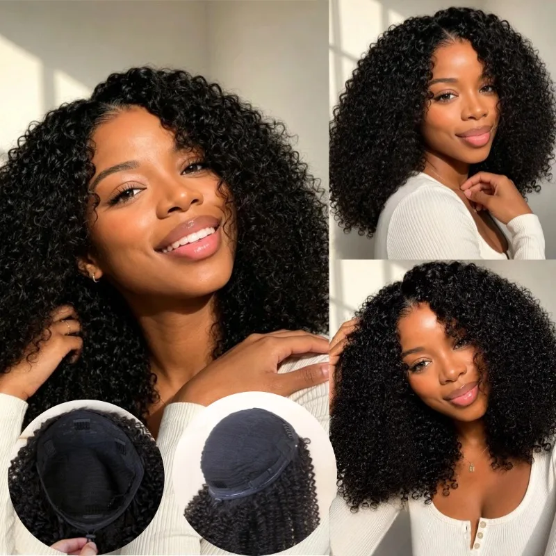 1B Afro Kinky Curly Half Wig 100%Human Hair Wig Brazilian Virgin Remy Natural Black Wig Machine Made Drawstring Clip 3 IN 1 Half Wigs for Women
