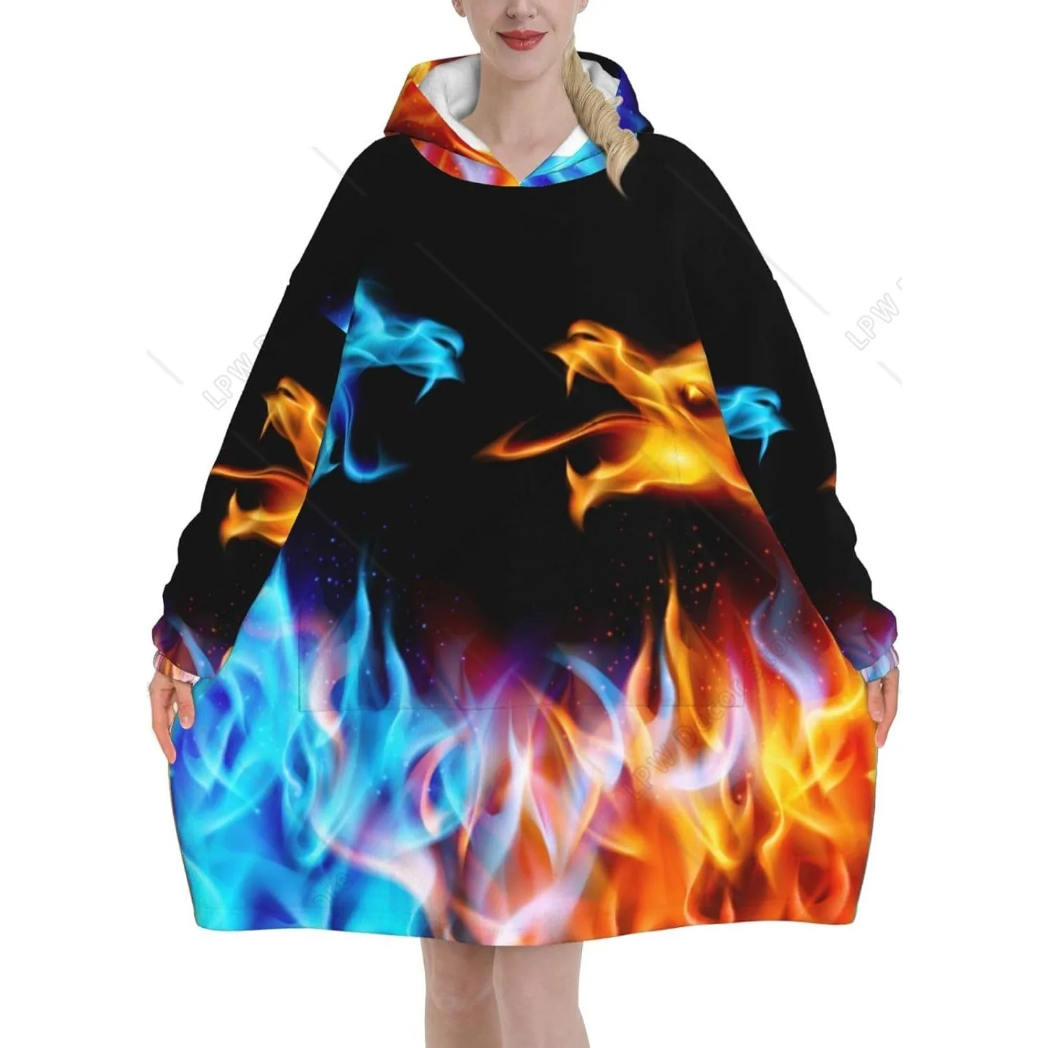 

Ice Blue and Red Fire Flame Dragon Adult Flannel Wearable Plush Blanket with Pockets Ultra Soft Plush Warm Hoodie